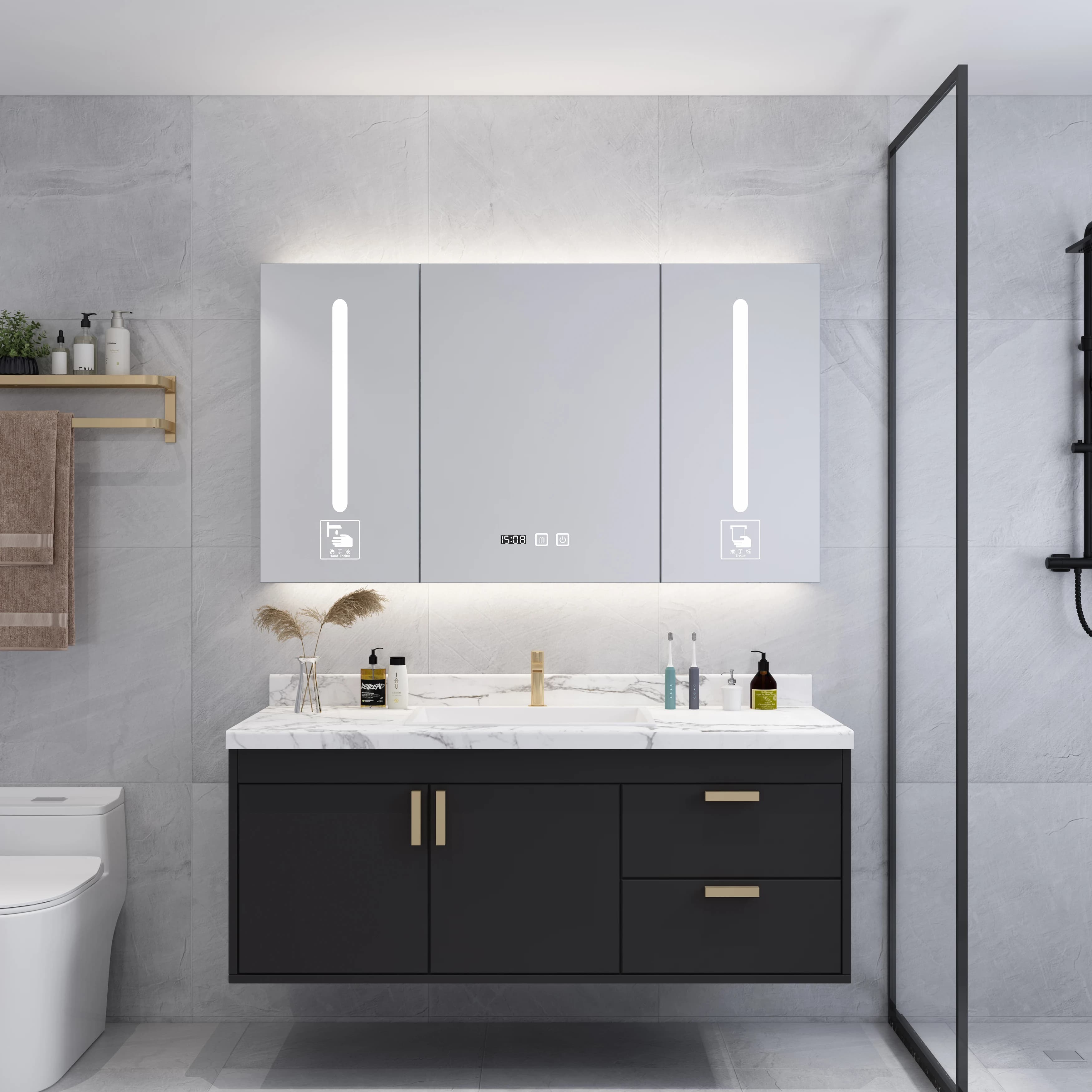 Vanity da bagno Armadietto da bagno multifunzionale in acciaio inossidabile impermeabile antiappannamento con specchio a LED Set da bagno nero