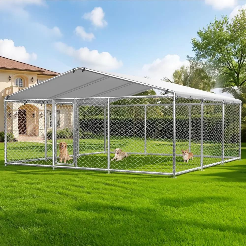 Cuccia per cani da esterno FT, cuccia per cani da esterno con tetto, casetta per cani grande in metallo con copertura resistente alle intemperie, cancello bloccabile per cani di taglia grande