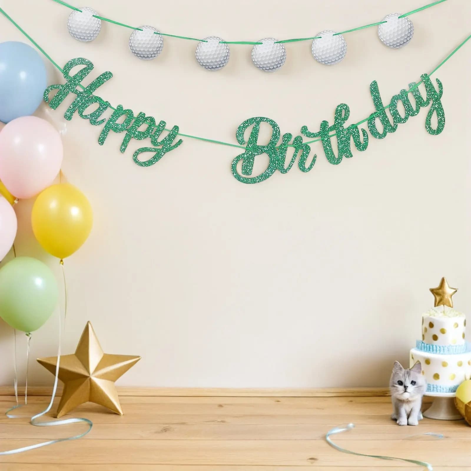 2Set Golf Birthday Banner Reusable Happy Birthday Sign Glitter Golf Ball Pennant Garland Sports Theme Party Decorations