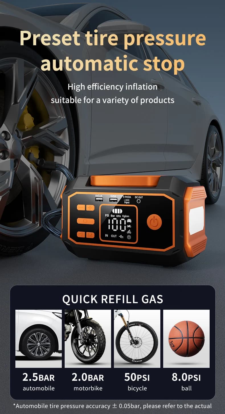 Strumento di Emergenza Portatile Tutto-in-Uno per Auto: Avviatore d'Emergenza, Gonfiatore Pneumatici, Power Bank e Luce LED, Manico Pieghevole, Compatibile con Tutti i Veicoli