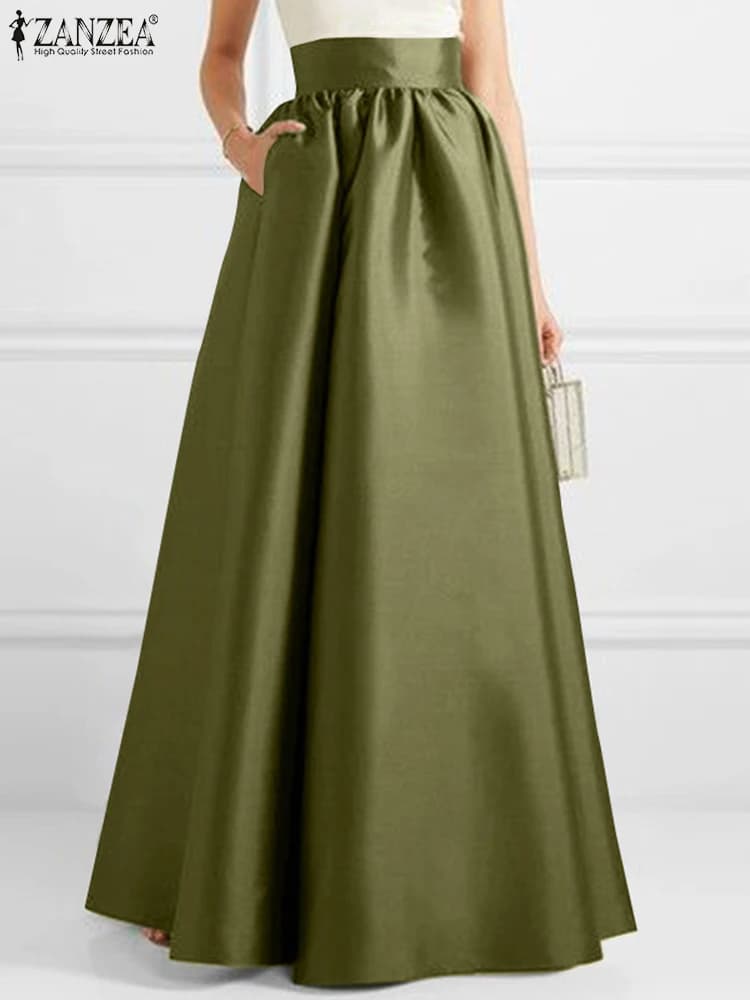 ZANZEA donna autunno gonna in raso nuova a-line lunghezza del pavimento tinta unita abito a vita alta elegante Vintage Casual abito lungo oversize