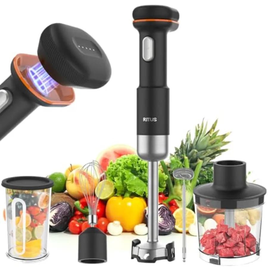 Frullatore a Immersione Senza Fili 5-in-1 per Uso in Cucina, in Acciaio Inox e Plastica, Nero e Argento, 13000 RPM ad Alta Velocità