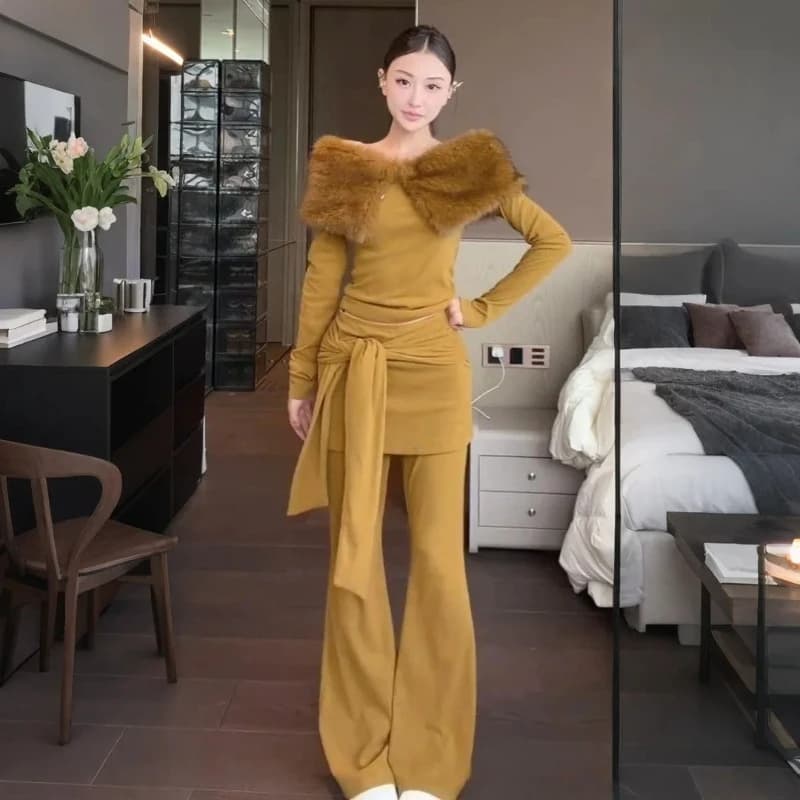 Spice Girl Atmosphere Collo in pelliccia staccabile Top monospalla + Grembiule con spalline + Pantaloni bootcut Set da 3 pezzi autunno/inverno 2025