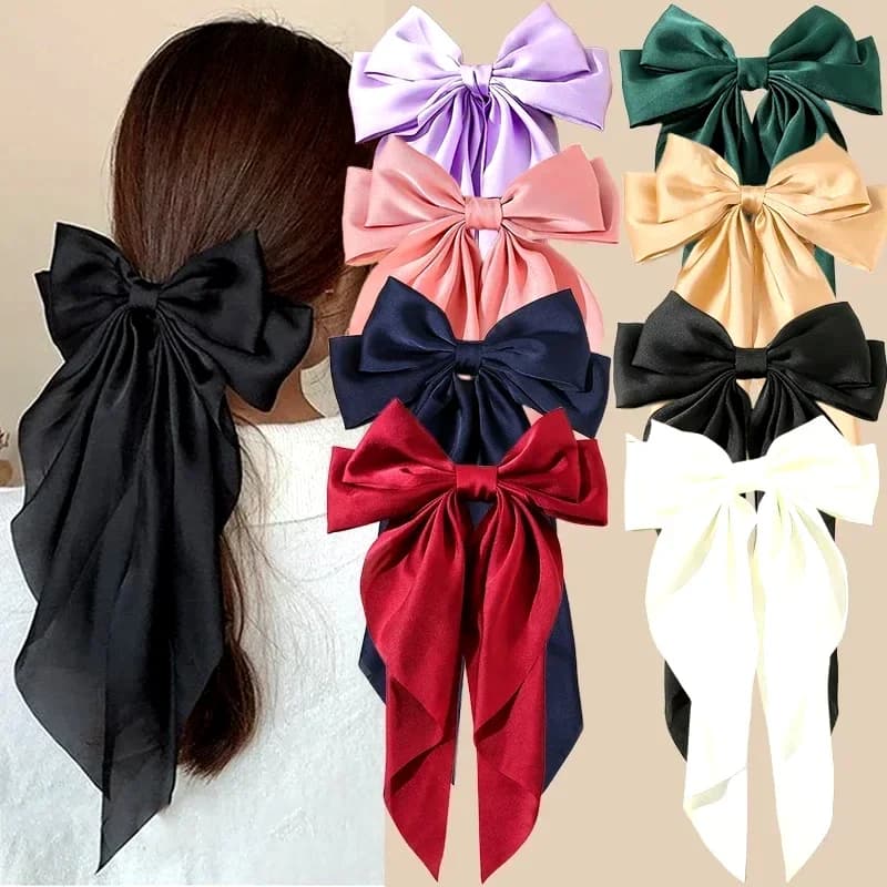 Korean Accessories Hair Clips for Women Girls Big Bowknot Solid Satin Long Ribbon Bows Spring Clamp Barette Cheveux Femme 2023