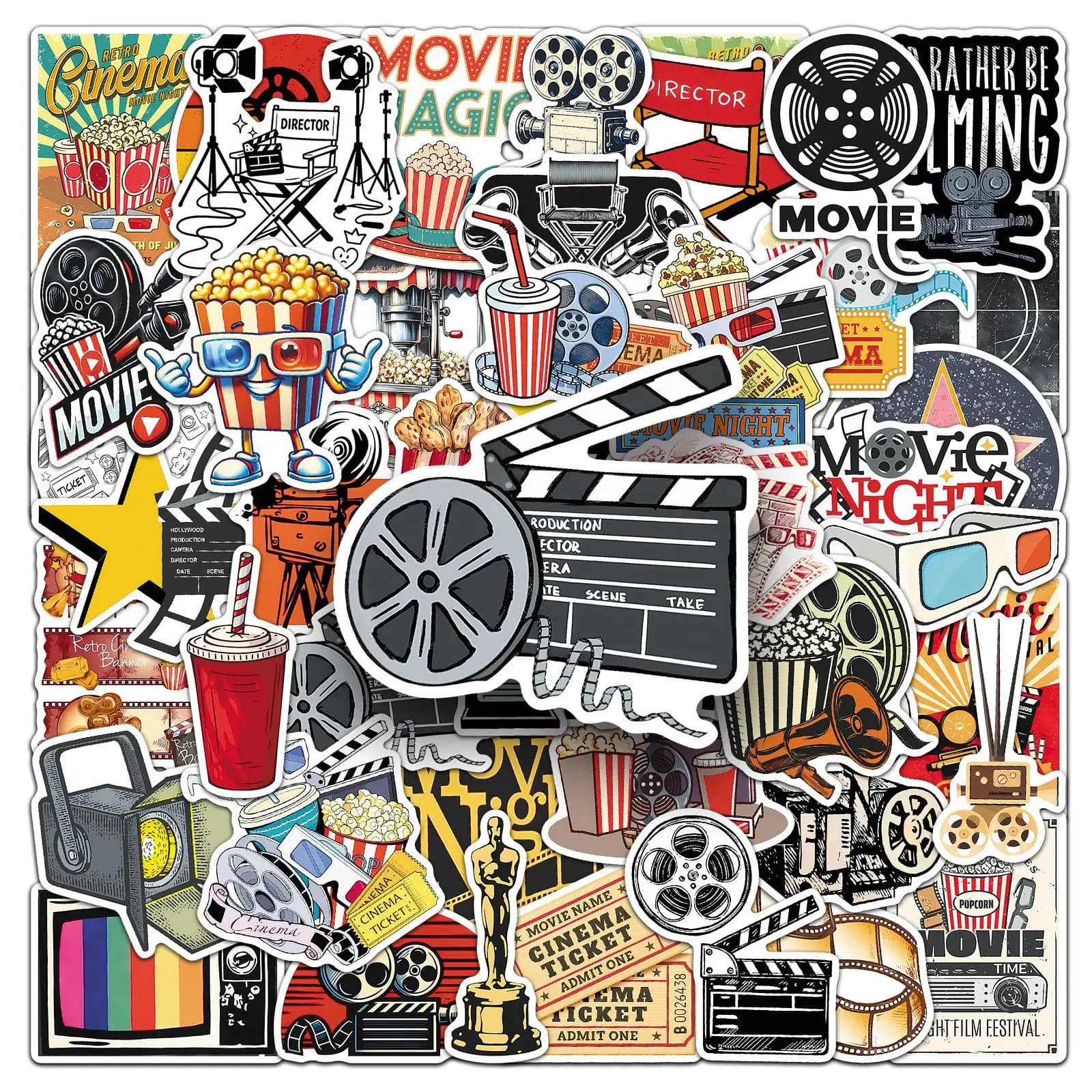 50 Pezzi Adesivi Vintage a Tema Cinema, Decalcomanie Impermeabili Classiche per Laptop, Borracce, Scrapbook, Vinile