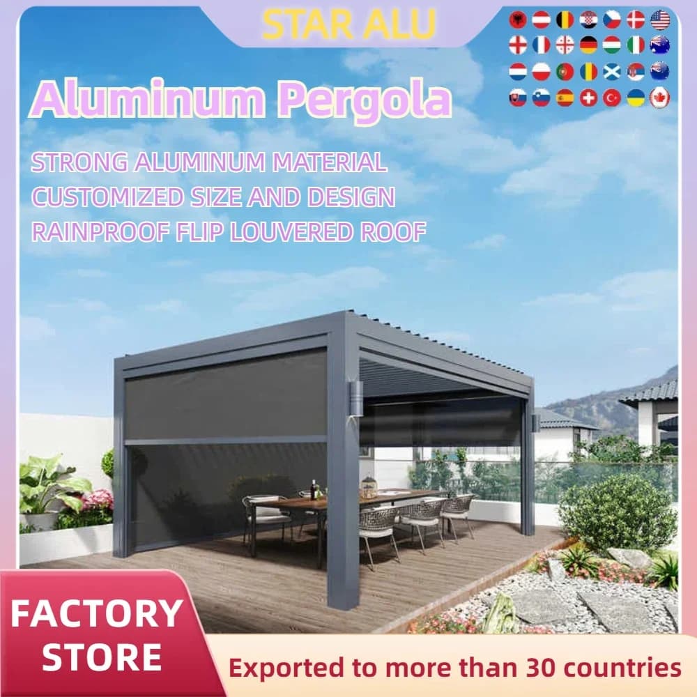 Pergola bioclimatica in alluminio 3x4m/10x12ft Tetto a persiana ribaltabile manuale con tende a rullo manuali Tettuccio gazebo da giardino