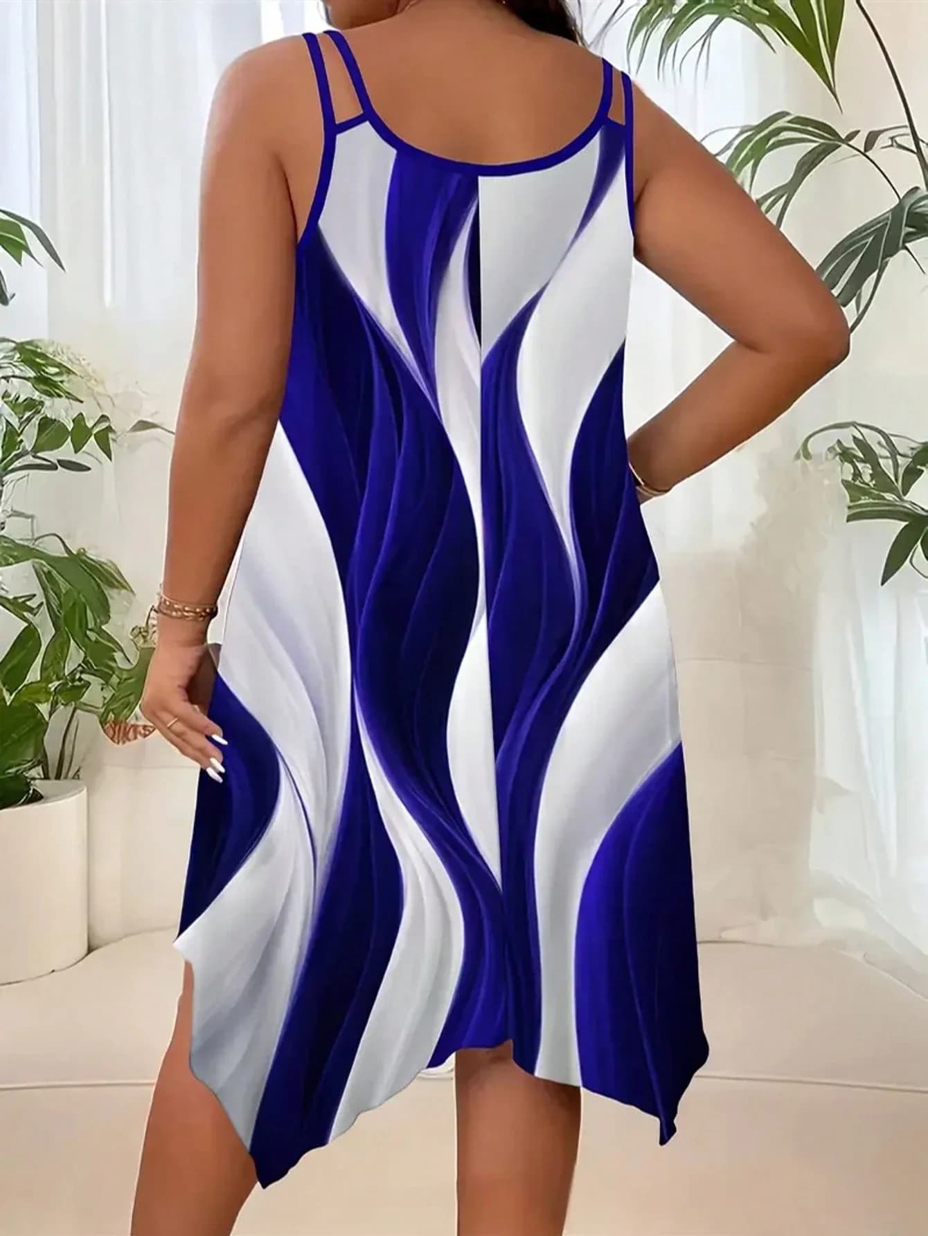 Elegant Plus Size Women’s Asymmetrical Slip Dress With Blue And White Swirl Print For Summer Vacation