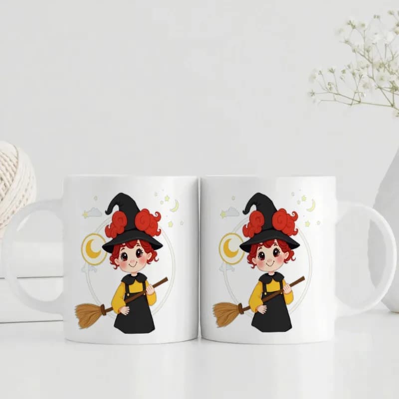 1 Cute Little Witch Ceramic Mug with Broom & Moon Design - 11oz White Coffee & Tea Cup, Dishwasher Witch