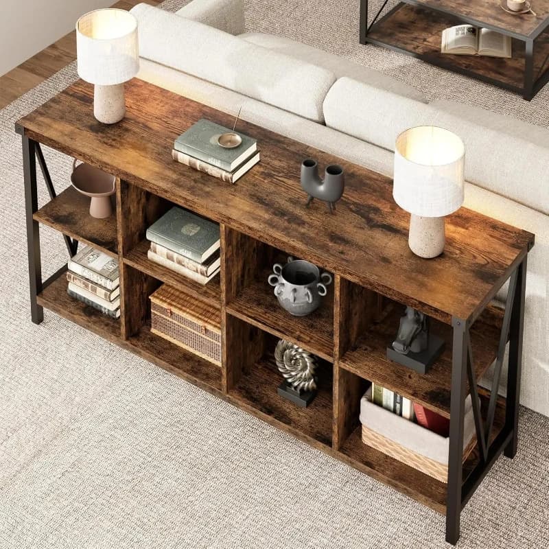 Libreria Organizzatore a 8 Cubi Stile Rustico, Scaffale Industriale Orizzontale Lungo in Legno