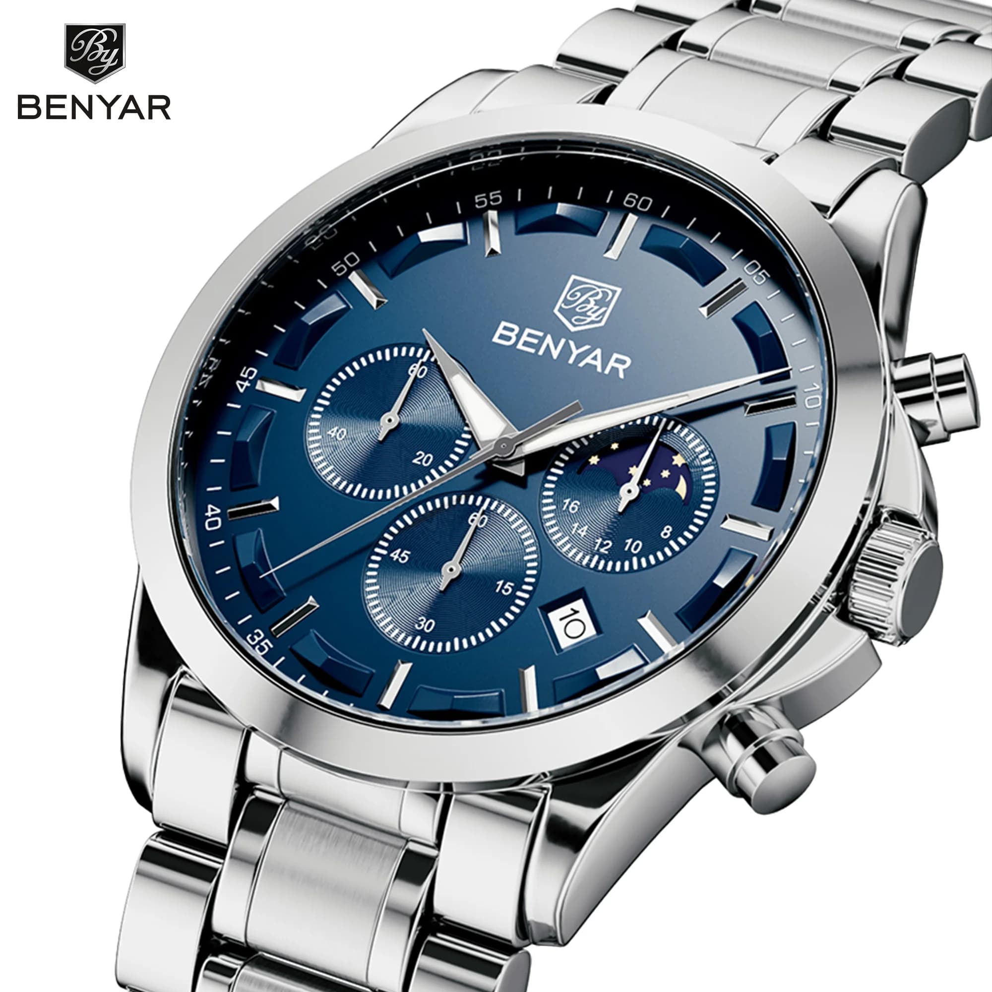 BENYAR Men's Chronograph Watch, Hardlex Dial, Stainless Steel Wristwatch, Business Sport Waterproof Watch for Men, Ideal Gift