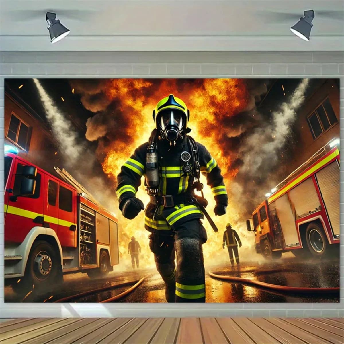 2D Firefighter Rescue Mission Tapestry Brave Hero Fire Truck Emergency Service Wall Art for Office Man Cave Inspirational Theme