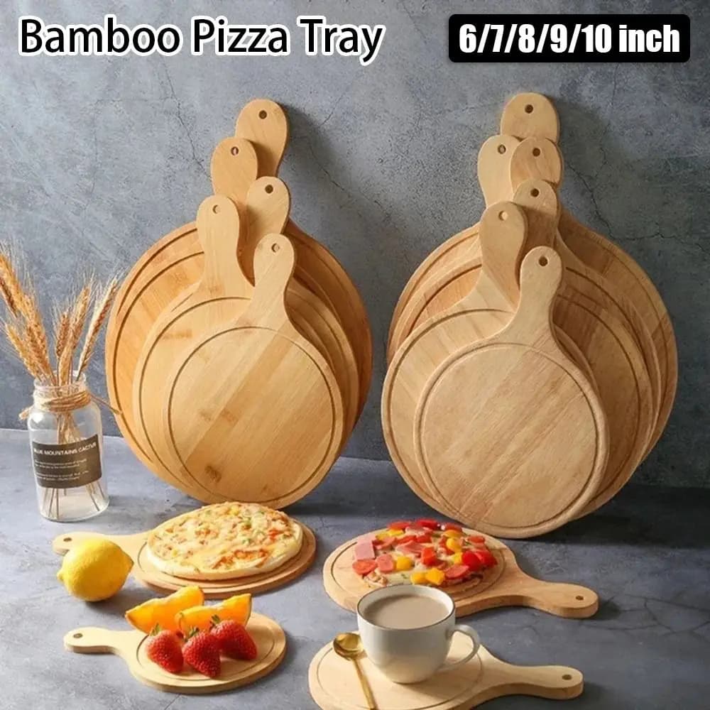 1Pcs Stone Cutting Bamboo Pizza Tray 6/7/8/9/10 Inch Cake Bakeware Wooden Pizza Board Round with Handle Platter Baking Tray