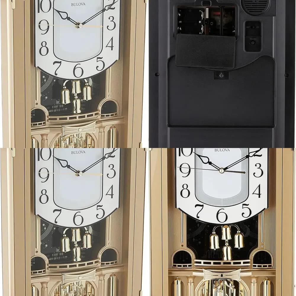 Orologio da parete musicale dorato con pendolo girevole in cristallo | 12 melodie | Controllo del volume | Opzione del silenzio notturno
