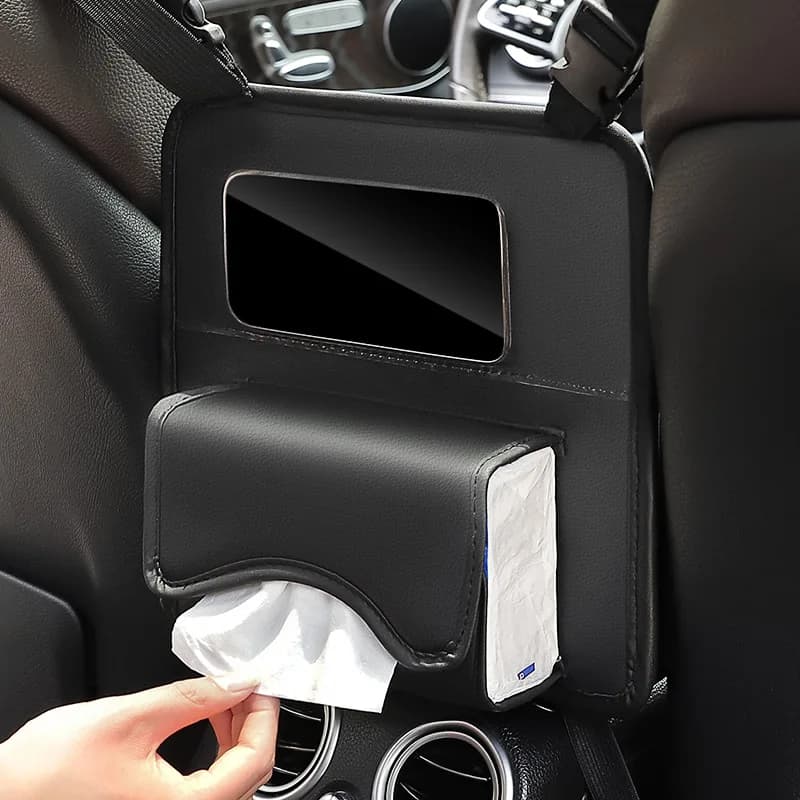 Universal organizer for car seat in leather with handkerchief holder, glasses holder, cell phone holder and waste container