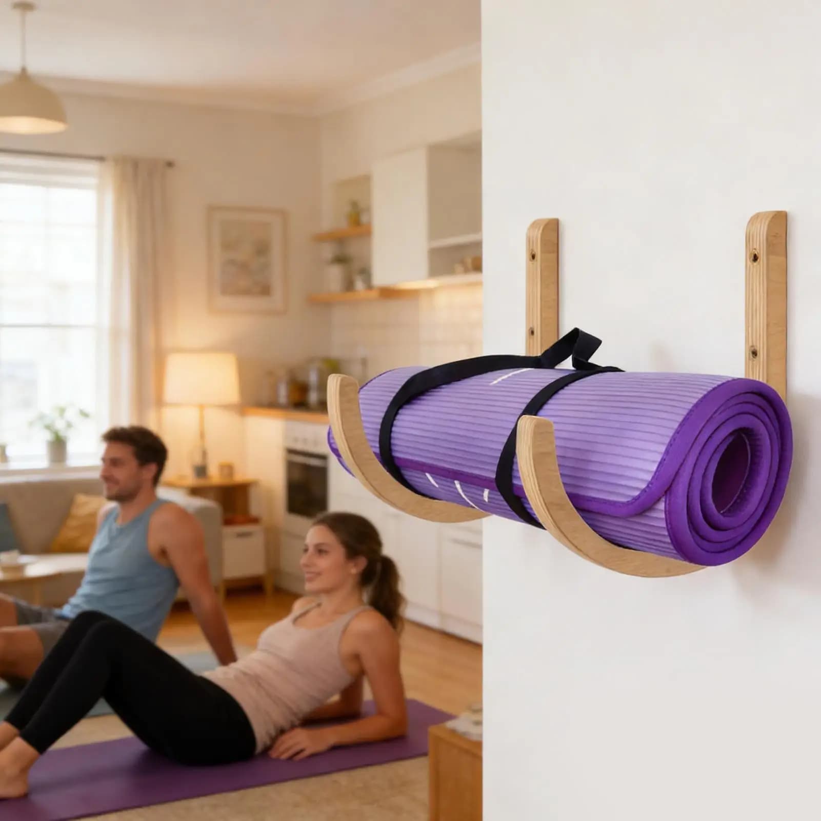 Wooden Yoga Mat Holder Wall Mount, 2 Pack with Screws, Home Gym Storage Rack for Yoga Mat Foam Roller Resistance Bands