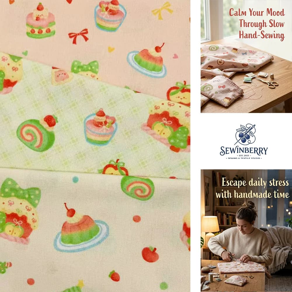 Kawaii Pastel Cake Roll Pudding Apple Dessert Print Cotton Fabric Stress Relief DIY Sewing Material For Kids Dress Pouch Cute