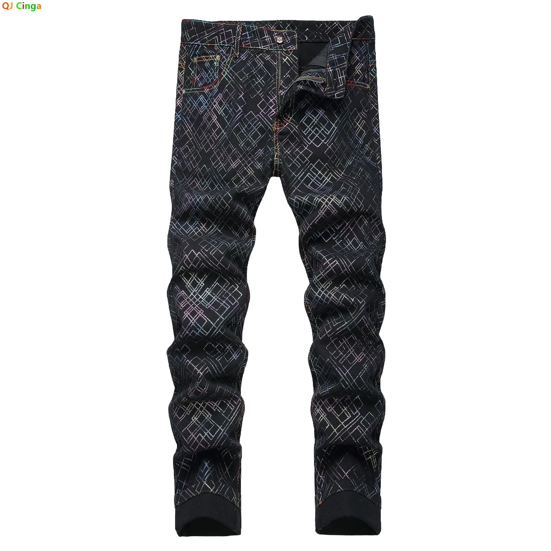 Men's Black Jeans for Spring and Fall, Checkered Print Pants, Stylish Casual Trousers, Asian Sizes 28–42.