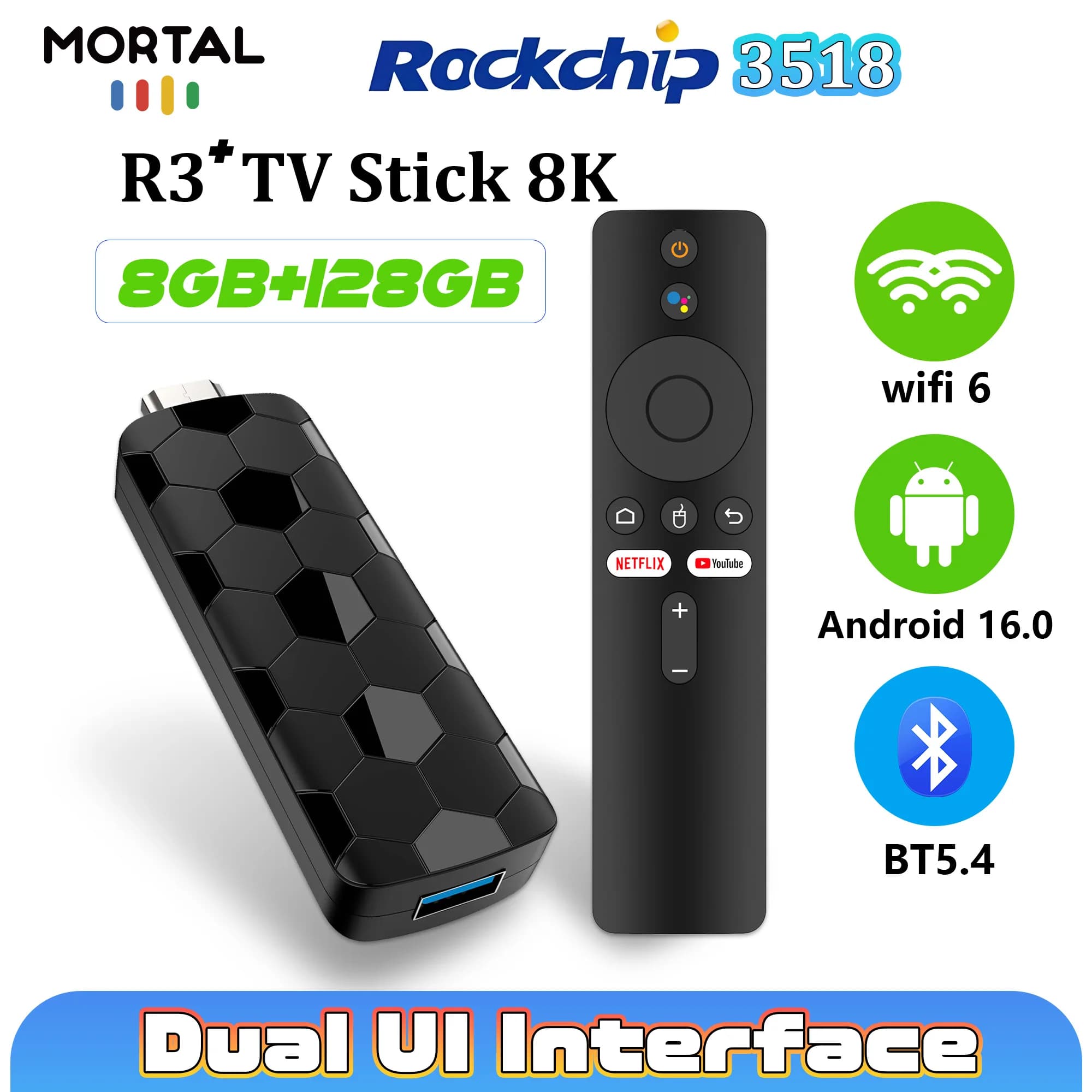 Mortal R3+ TV Stick Android 16 8G128GB Telecomando vocale WiFi 6 Wireless HDMI H.264 Youtube Display 4K Home Theater Tv Box