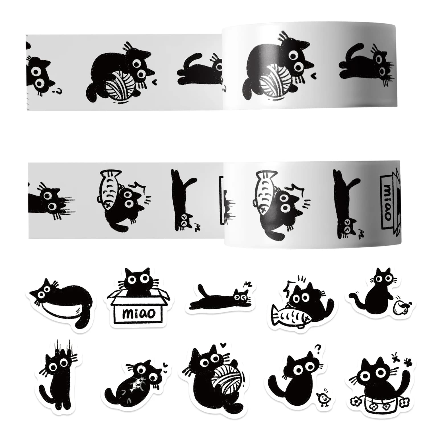 500 Pezzi Adesivi Decorativi a Rotolo con Gatto Nero Cartoon, Adesivi per Sigillare Regali, Decorazione per Valigie e Quaderni, Impermeabili
