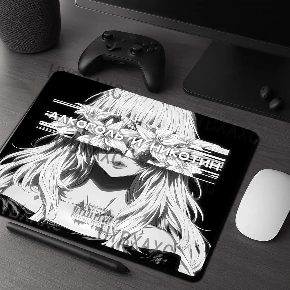 HYBXAXC Dark Grunge Black White Anime Girl Gaming Small Mouse Pad Non-Slip Desk Mat Wireless Mouse Boy Girl Gift for CS DOTA