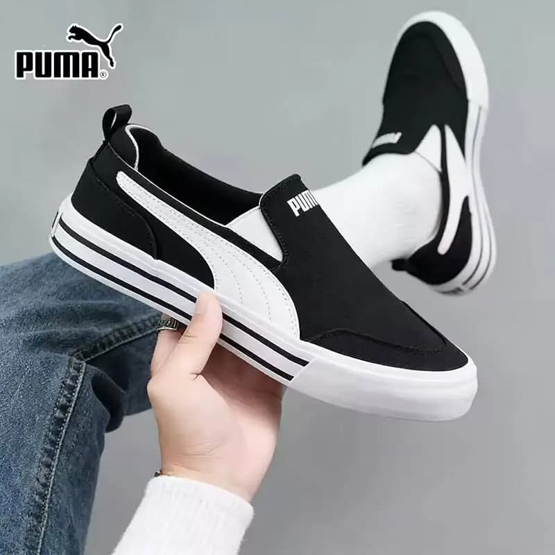 PUMA Black White Slip On Canvas Loafers, Breathable Lightweight Unisex Casual Sneakers 400216-03