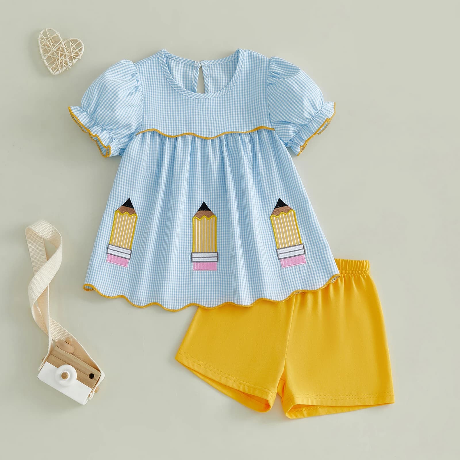 Girls Back to School Outfit Short Sleeve Crew Neck Pencil Plaid T-shirt with Shorts Summer Children's Outfit Set