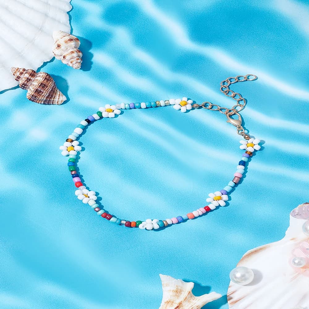1Pc Flower Glass Seed Beads Anklets for Women Colorful 9-5/8 inch(245mm)