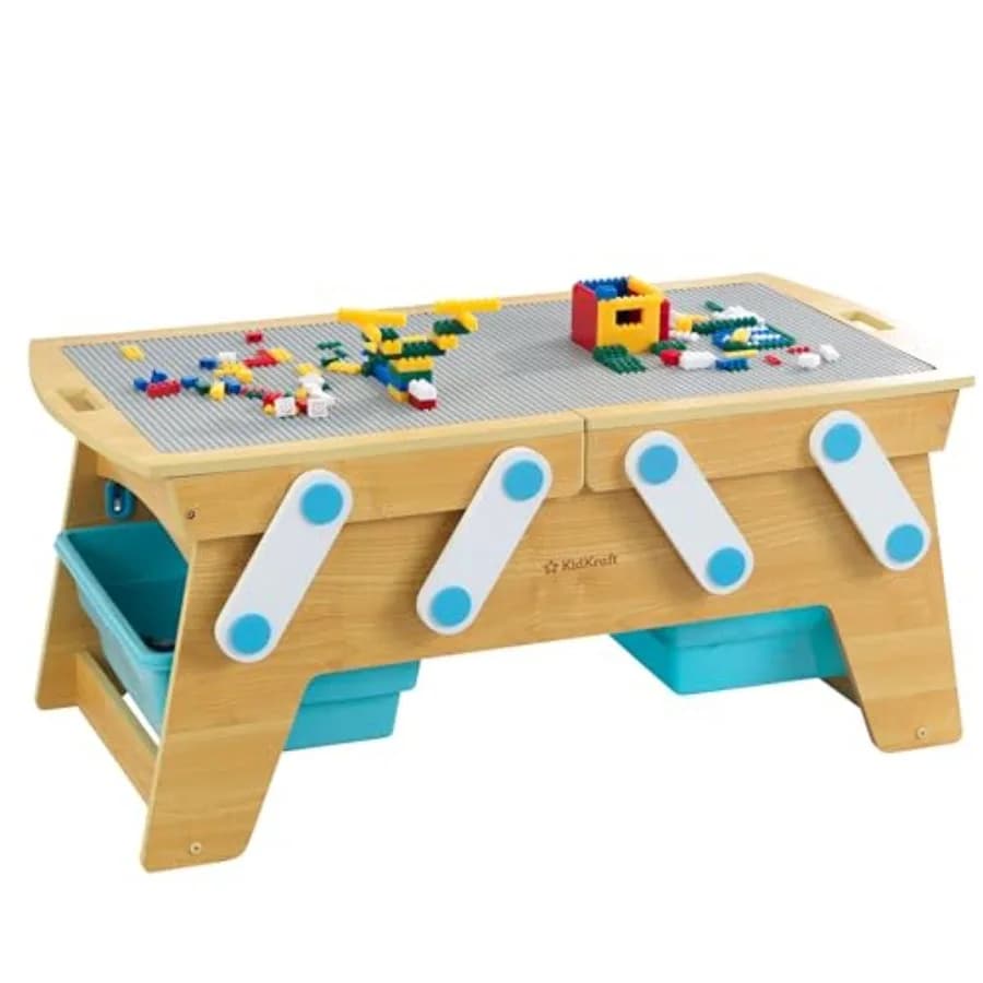 Tavolo in Legno KidKraft Building Bricks Play N Store con Contenitori, Oltre 200 Mattoncini da Costruzione, Organizzatore Giocattoli Naturale per Bambini dai 3 Anni in su, Educativo