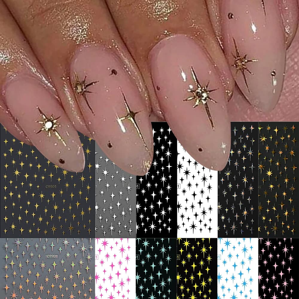 12 pezzi 3D oro argento stella nail art adesivo Y2K croce Starlight adesivo decalcomanie numero/lettera/cuore/fiore cursori per manicure misti