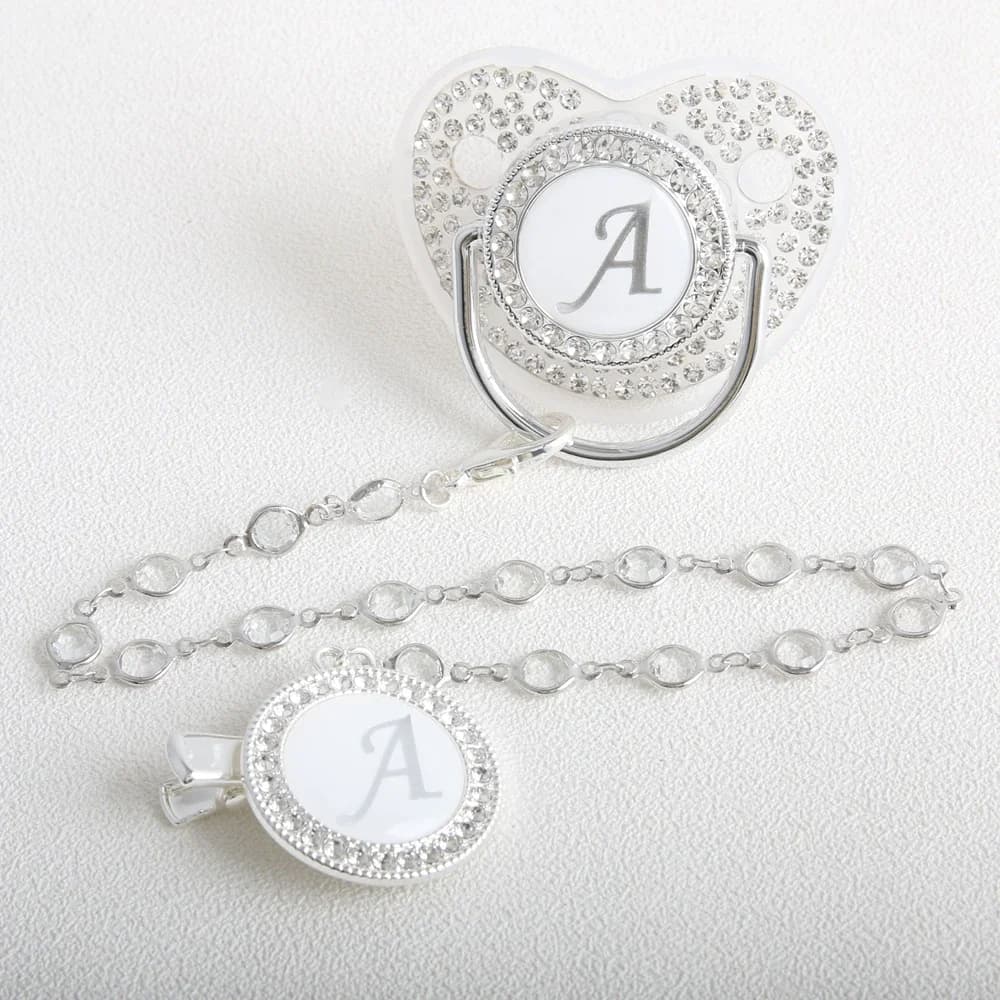 26 Ciuccio per bambini trasparente con lettera iniziale con catena Ciuccio ciuccio in argento di lusso senza BPA