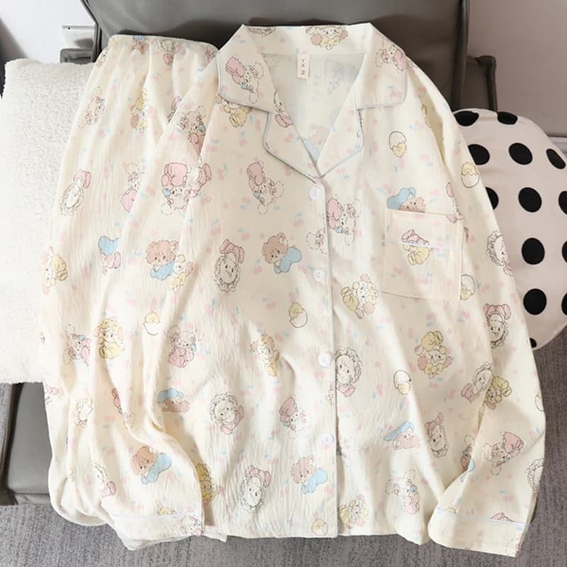 Coreano Dolce Simpatico Cartone Animato Gatto Stampa Pigiama da Donna Kawaii Casual All-match Nuovo Pigiama Set per Le Donne Autunno Con Scollo a V Indumenti da Letto