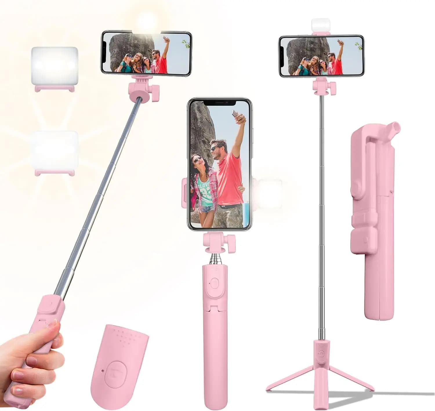Bastone Selfie Retrattile da 40 Pollici con Telecomando Wireless e Luce, Portatile per Tutti i Telefoni