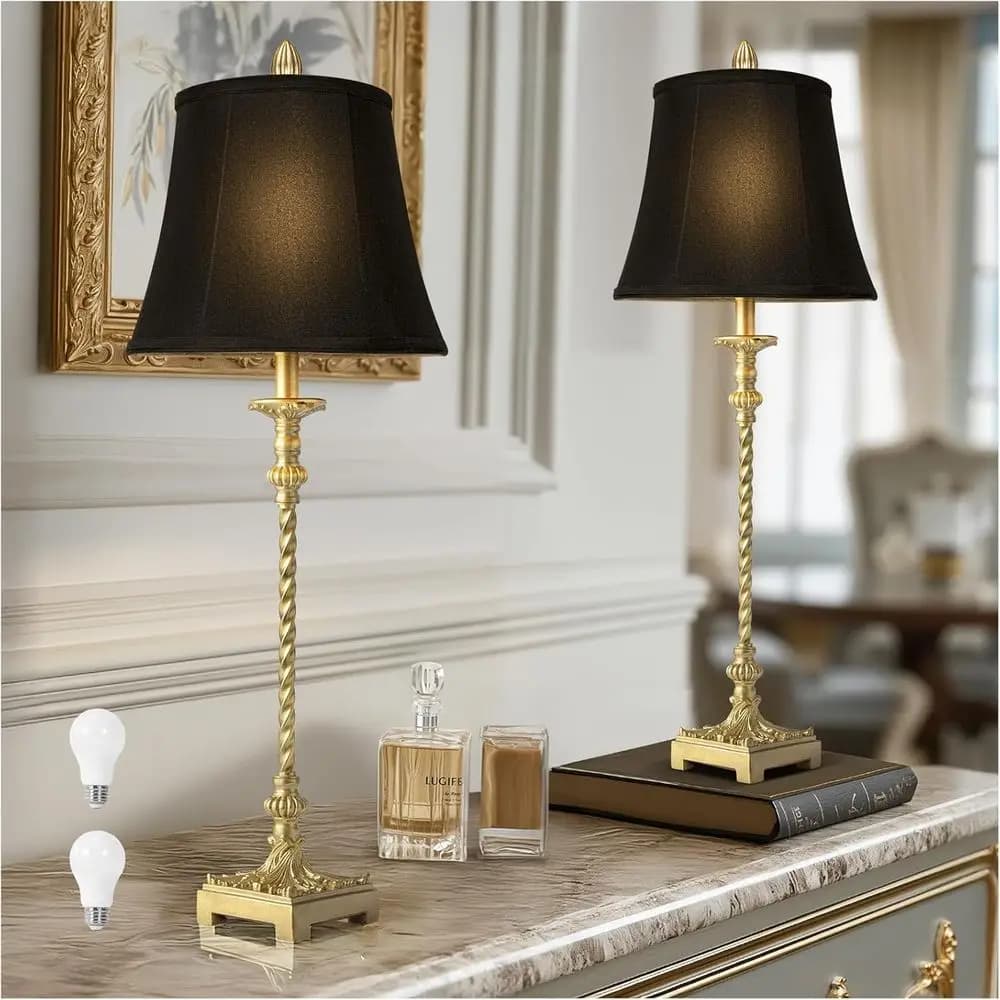Set di 2 Lampade da Tavolo Vintage Alte 33 Pollici, Lampade a Candela per Buffet con Finitura in Foglia d'Oro e Paralumi in Lino Nero, Lampadina Dimmerabile a 3 Vie