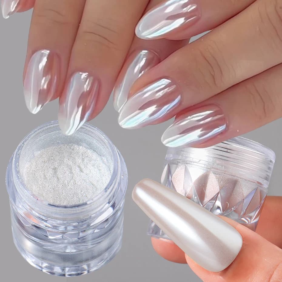 1 Box White Chrome Pearl Nail Powder Aurora Mirror Nail Art Powder Pigment Fairy Pink Effect Rubbing Glitter Nail Art Decoration