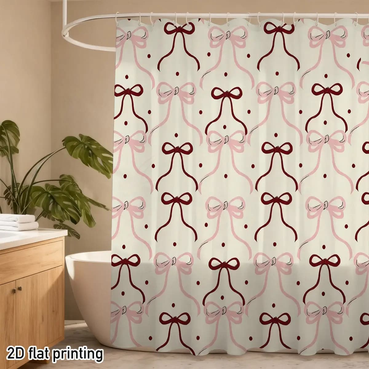 Tenda da Doccia Vintage con Fiocco, Base Crema con Nastri Bordeaux e Dettagli a Pois, in Poliestere con 12 Occhielli, Lavabile in Lavatrice