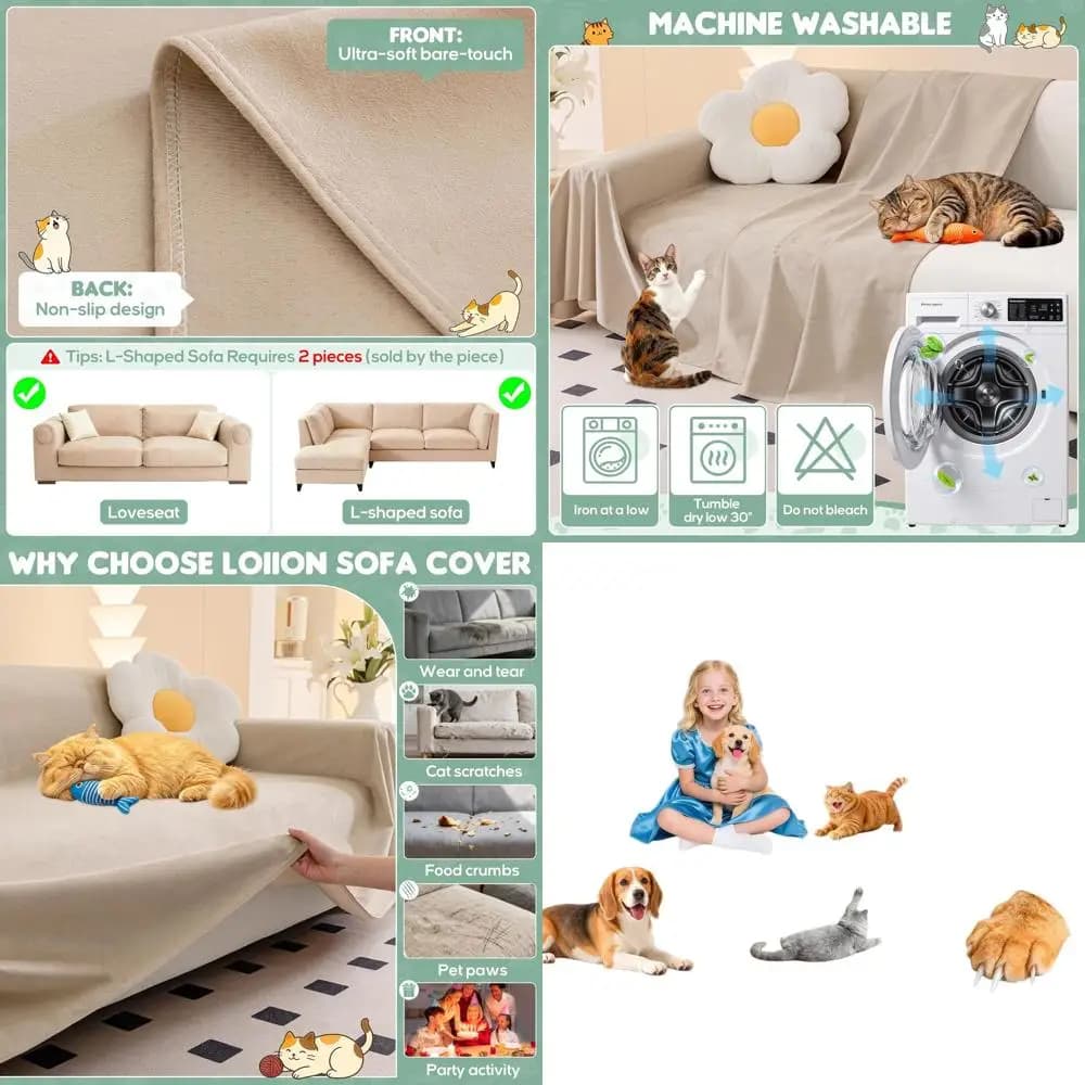 Soft and waterproof cover - Fitted sofa protection for Cats and Children, 150x91 Almond