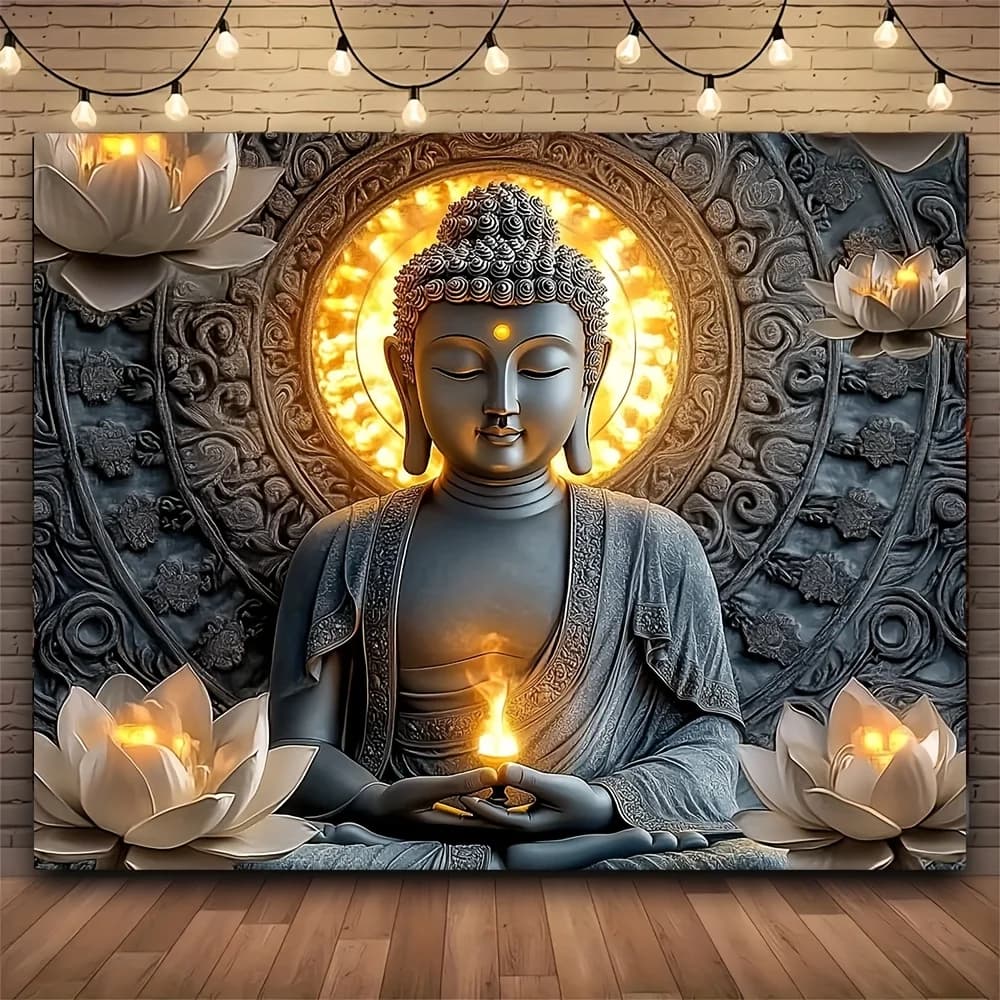 1 piece ornate style Buddha and lotus tapestry, machine washable, large polyester wall hanging for living room and bedroom