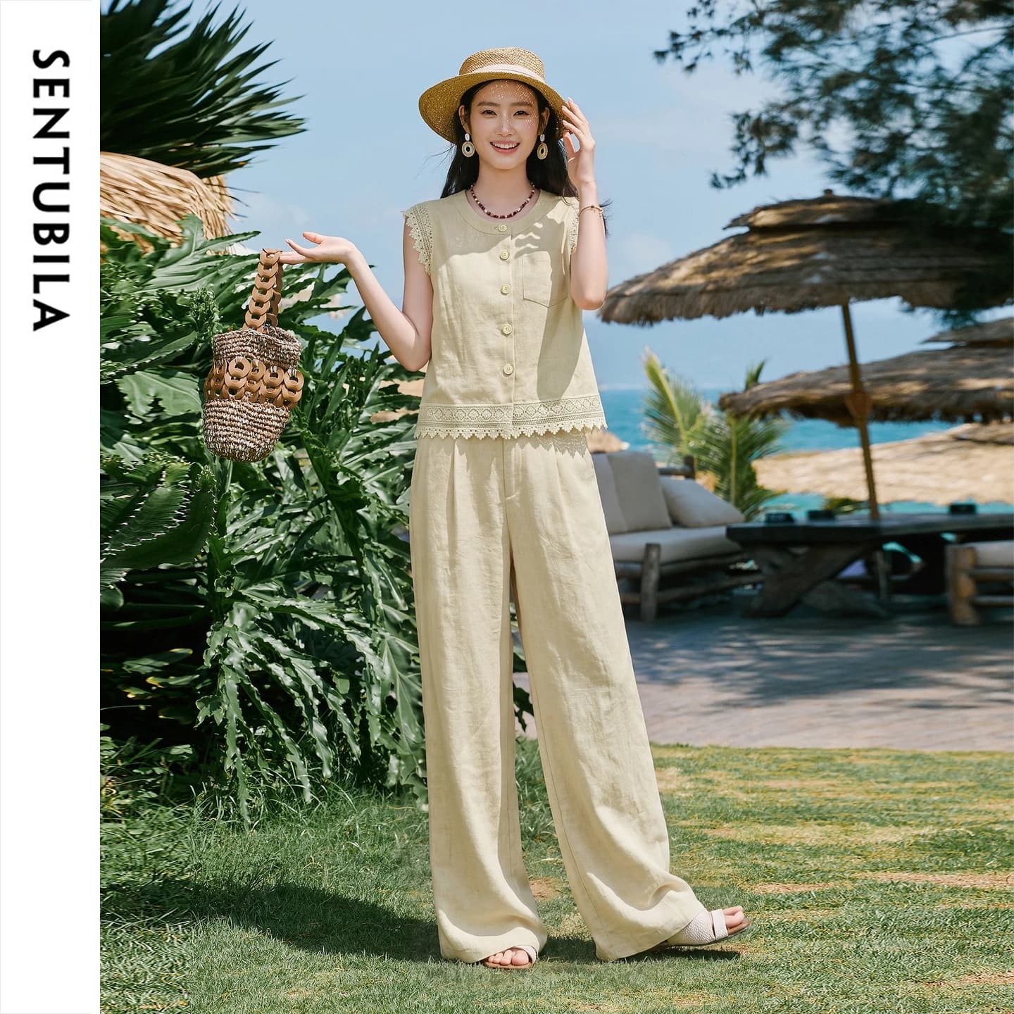 SENTUBILA Women's Khaki Casual Suit 2026 Summer Round Neck Sleeveless Top Wide Leg Trousers Two-piece Set Daily Wear Q62ZA7857