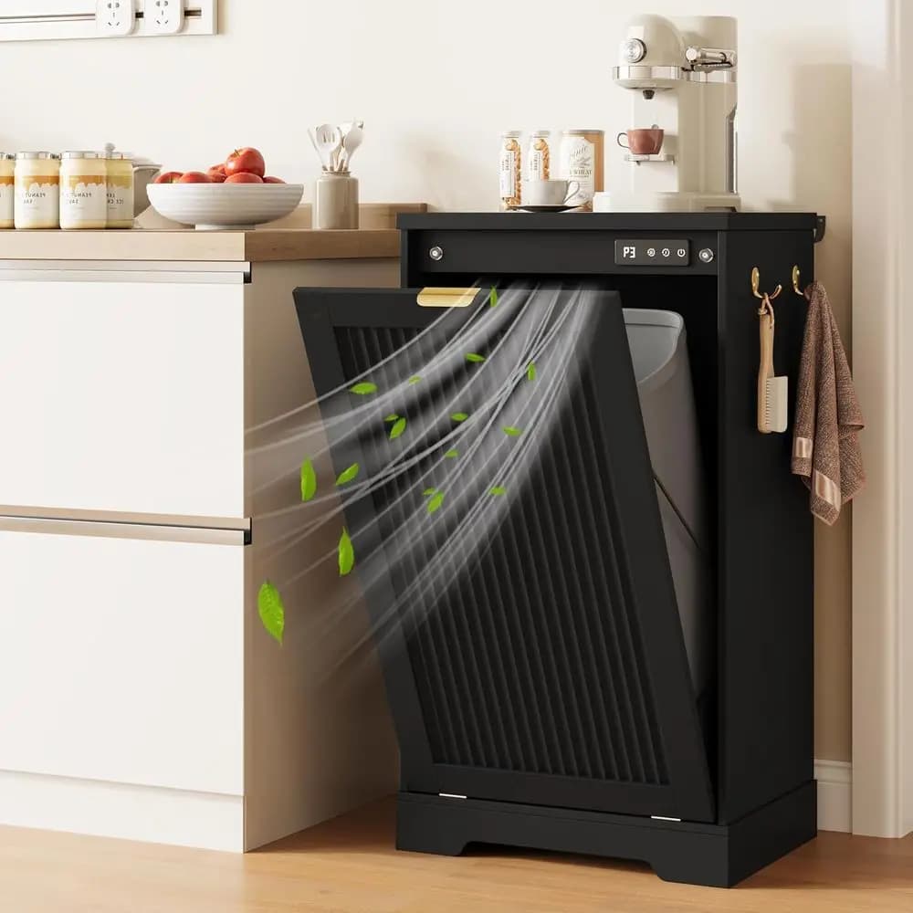 Cestino per Rifiuti con Telaio in Legno da 13 Galloni con Controllo degli Odori per Cucina, Soggiorno o Bagno - Nero