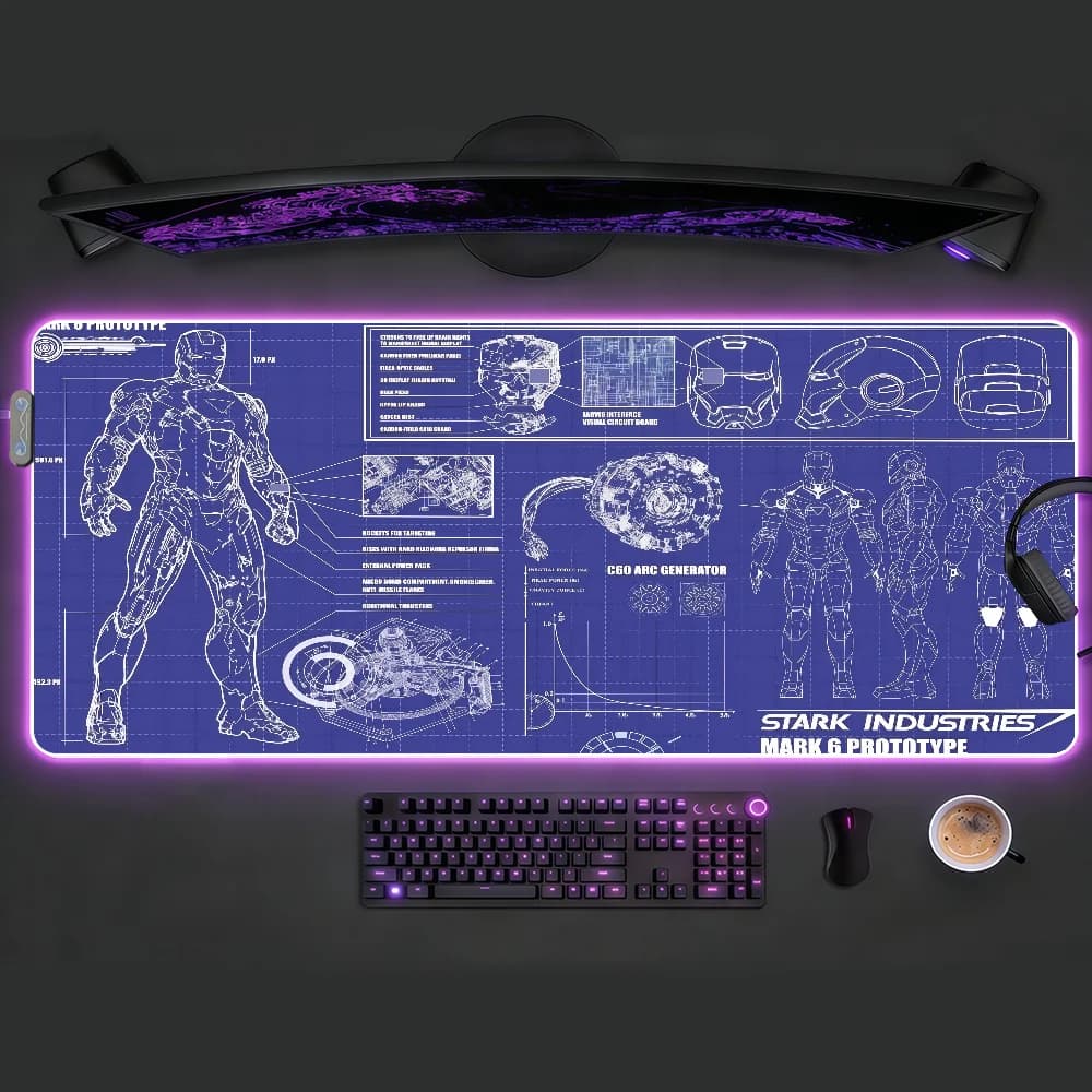 Tappetino per mouse Movie I-Iron Man, impermeabile, con luce LED RGB, tastiera da gioco colorata, superficie antiscivolo