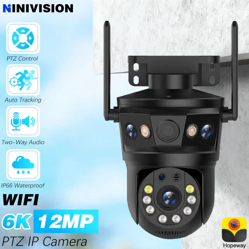 Telecamera IP PTZ WIFI 12MP con Tre Obiettivi, Impermeabile per Esterni, Tracciamento Automatico, Telecamera di Sicurezza CCTV Wireless con Audio Bidirezionale