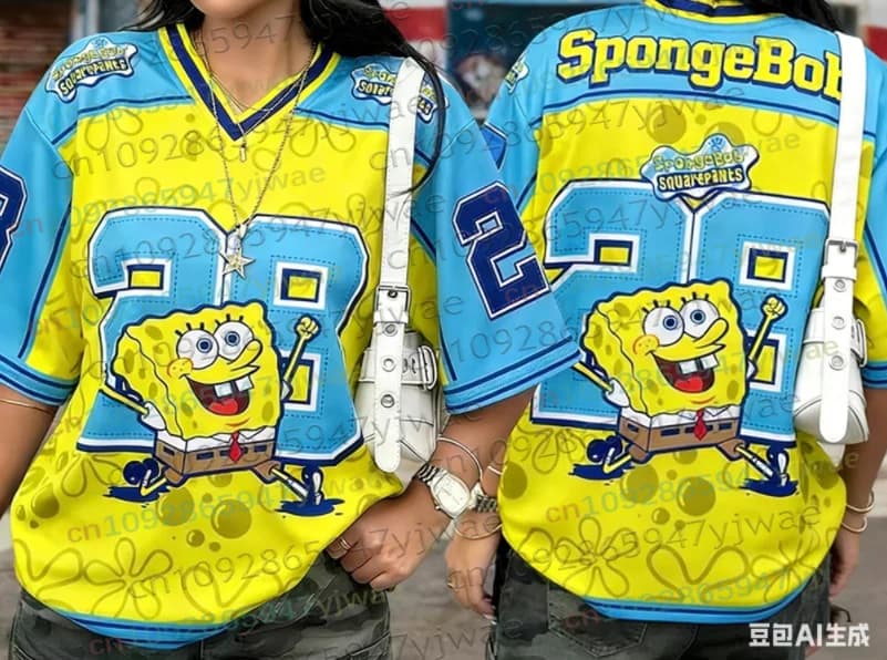 T-shirt SpongeBob Cartoon per donna e uomo, estiva, traspirante, a maniche corte, maglia sportiva da calcio, streetwear, abbigliamento oversize da uomo