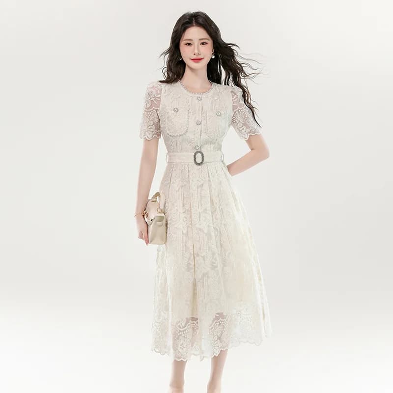 Beaded Lace Dress Elegant Evening Gown with Belt Embroidered Dresses Spring Summer Jumpsuit Playsuit Matching Set