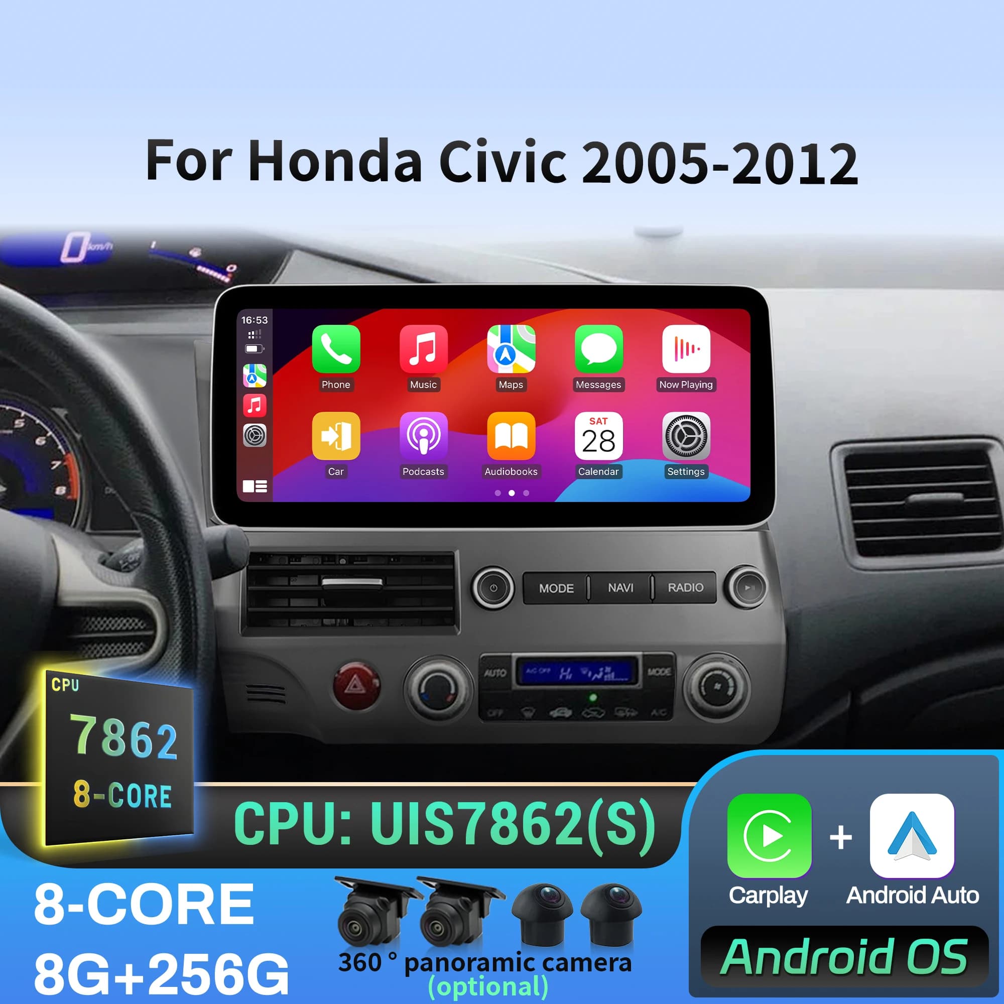 12.3 pollici Android 14 Per Honda Civic 2005 2006 2007 2008 -2012 Navigazione Autoradio Multimedia Wireless BT CarPlay Touch Screen