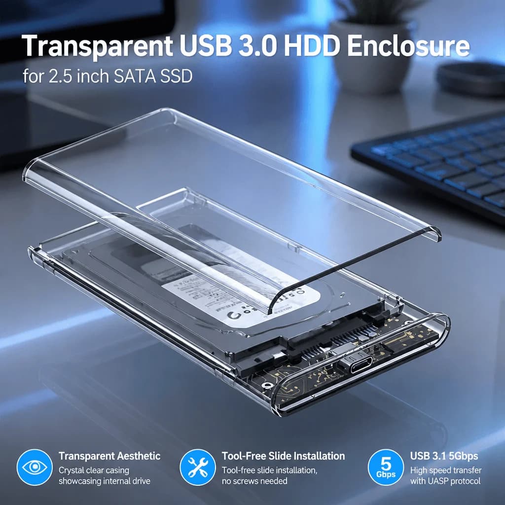 Transparent 2.5 Inch HDD Enclosure USB 3.1 SATA SSD Hard Drive Box Tool Free External Case UASP Protocol For Laptop Desktop