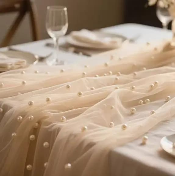 Runner da tavola in chiffon con perle, tessuto in rete semi-trasparente per decorazioni di matrimoni, addii al nubilato, feste e cene, 75x300cm