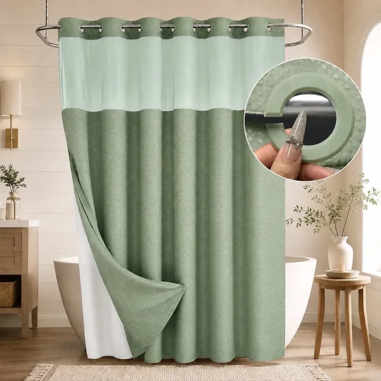 Double‑Layer Waffle‑Pattern Shower Curtain, 72×75 Inch, No‑Hook Snap‑in Liner, Waterproof Inner & Washable White Outer Cloth for Home, Hotel, Salon & Dorm Bathroom