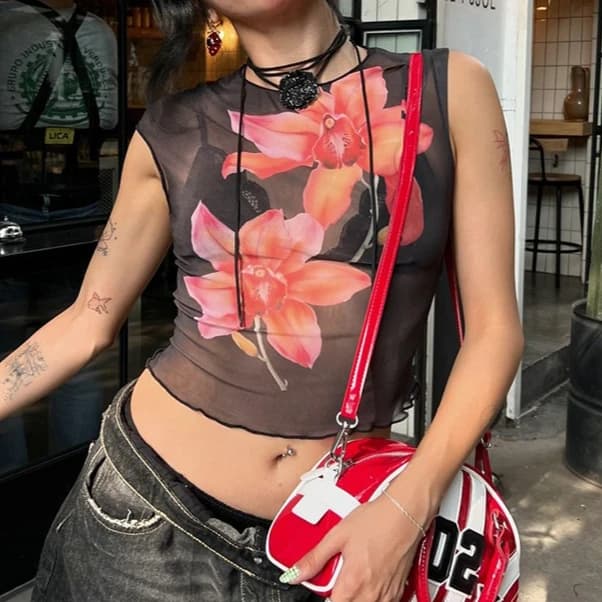T-shirt corta stampata slim fit senza maniche con scollo tondo floreale grande 2025 Estate nuovo stile ragazze calde europee e americane