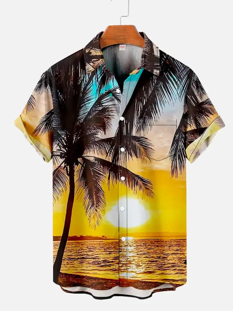 Camicie da uomo con motivo hawaiano a palme da cocco, camicia estiva da spiaggia per il tramonto, casual a maniche corte, stampa 3D squisita