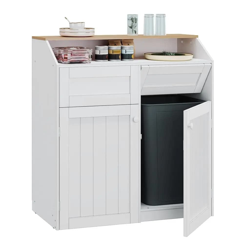 20 Gallon Freestanding Trash Can Cabinet with Wooden Recycling Bin, Concealed Garbage Storage for Kitchen, Laundry, or Living Ro
